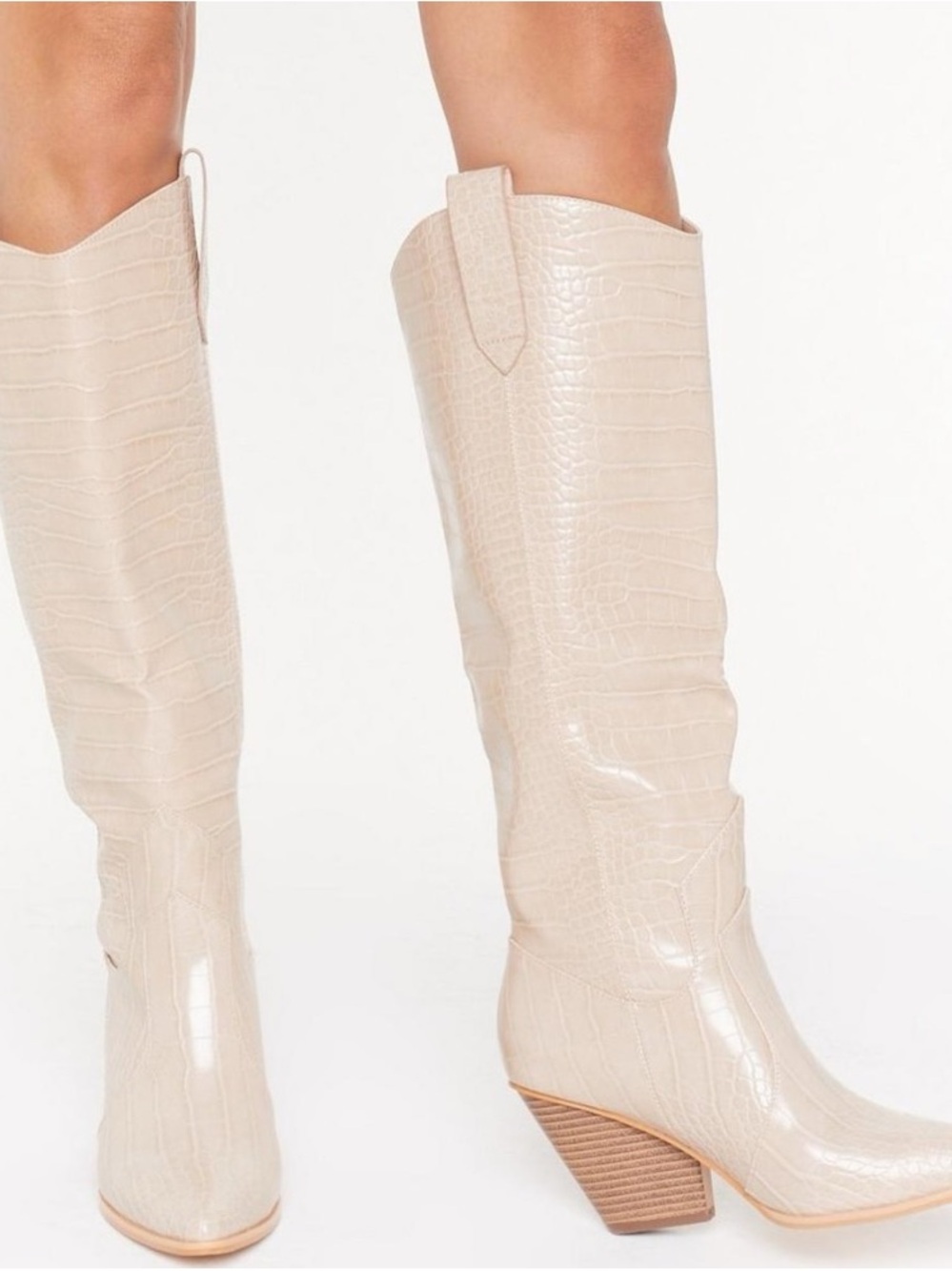 Knee-High Croc-Embossed Cream Western Boots